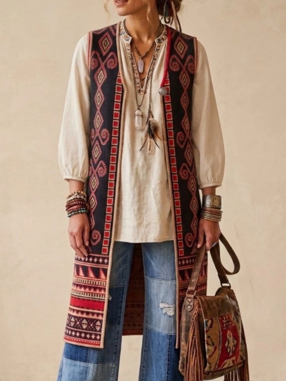 VTG Country Clothing Co Southwestern Print Long Sleeveless Duster Labeled Size L